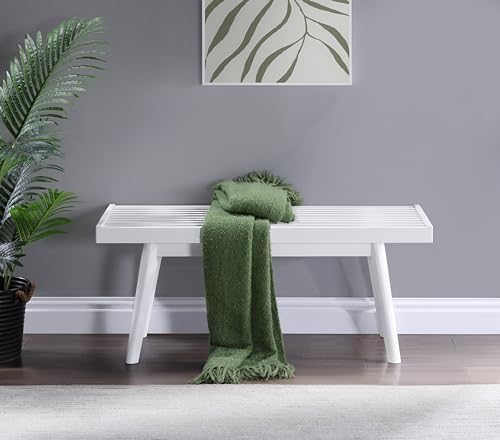 Roundhill Furniture Larwich Solid Wood Slatted Bench, 41.30-Inch Long, White