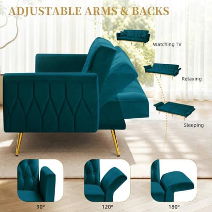 70” Velvet Futon Sofa Bed w/Adjustable Armrests, Teal