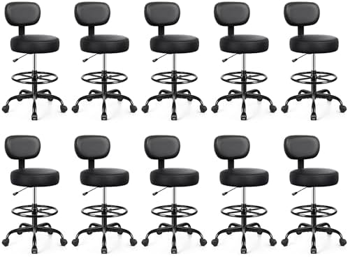 Drafting Chair with Backrest – Adjustable Foot Rest Rolling Stool with Wheels, PU Leather Swivel Stool for Office Spa Studio Lab Counter Salon Home Work Bar Kitchen Shop(Black), Pack of 10