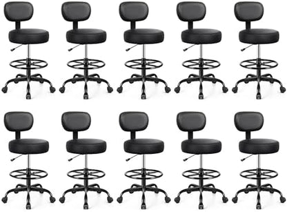 Drafting Chair with Backrest – Adjustable Foot Rest Rolling Stool with Wheels, PU Leather Swivel Stool for Office Spa Studio Lab Counter Salon Home Work Bar Kitchen Shop(Black), Pack of 10