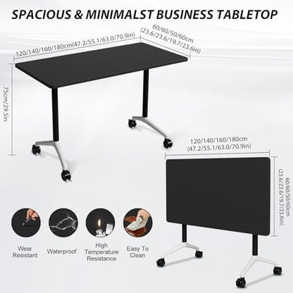 Folding Conference Table Modern Large Mobile Meeting Table Rolling Conference Room Tables with Wheels Seminar Tables for Office Training Classroom (4, Black, 47.2" D X 23.6" W X 29.5" H)