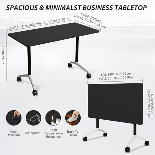 Folding Conference Table Modern Large Mobile Meeting Table Rolling Conference Room Tables with Wheels Seminar Tables for Office Training Classroom (6, Black, 63" D X 19.7" W X 29.5" H)