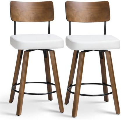 Counter Height Bar Stools with Wood Back and Legs, 25 inch Swivel Bar Stools Set of 2, Upholstered Bar Chairs, Wooden Swivel Bar Chairs Counter Stools for Kitchen Island Farmhouse, White &Wood