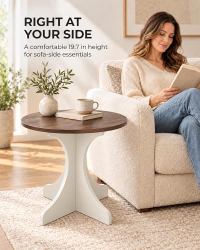 24in Modern Round Side Table Accent End Table Coffee Table with Walnut Wood Grain Tabletop & White Curved Base for Living Room Bedroom Sofa Corner, Pedestal Nightstand for Indoor/Outdoor