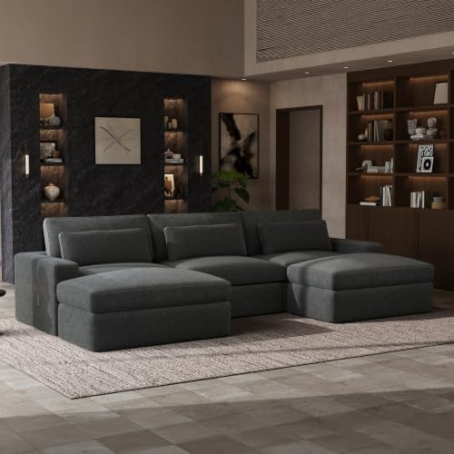 Novilla 140" Deep Seat Modular Sectional Sofa, Removable Washable Covers, U Shape 5 Seater Cloud Couch with Lumbar Pillows, Chenille Boneless Sectional Couch Dark Gray, No Assembly Required