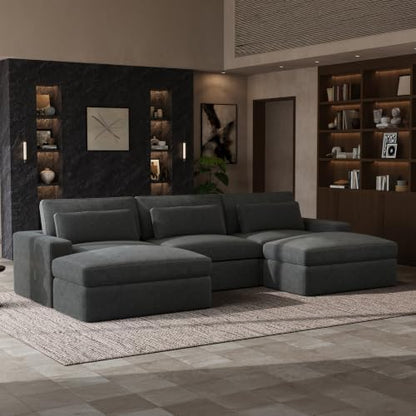 Novilla 140" Deep Seat Modular Sectional Sofa, Removable Washable Covers, U Shape 5 Seater Cloud Couch with Lumbar Pillows, Chenille Boneless Sectional Couch Dark Gray, No Assembly Required