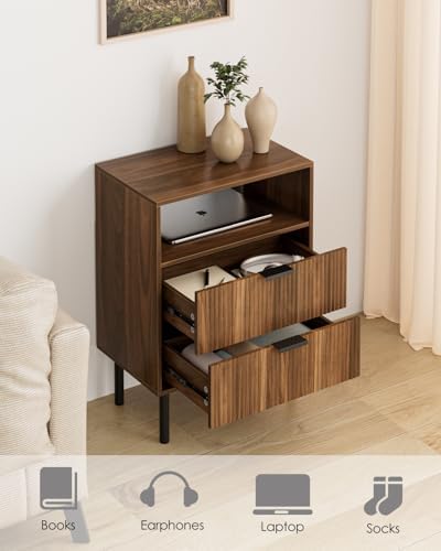 Night Stand,25.6" H Bedside Table with 2Drawers and Open Shelf,Farmhouse Nightstand,Side Table with Gold Frame for Bedroom,Living Room,Pale Walnut