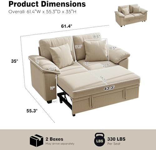 Ihanherry 61" Loveseat Sleeper Sofa, 2-in-1 Pull Out Couch Bed with 2 Pillows, Chenille Convertible Sofa Bed, Small Space Sleeper Couch for Living Room Apartment (Sand)