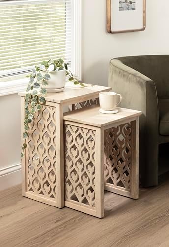 Kate and Laurel Karni Modern Mango Wood Living Room Nesting Tables, Set of 2, Whitewash, Decorative Coastal Solid Wood End Tables for Use as Bedroom Nightstands or Entryway Decor Accents