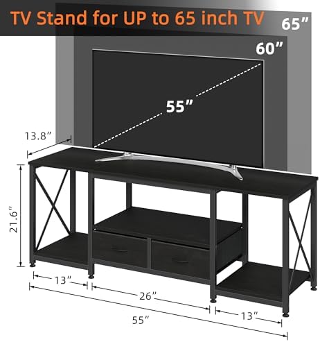 GYIIYUO TV Stand with Fabric Drawers - Entertainment Center and Industrial TV Console Table with Open Storage Shelves for Living Room, Bedroom - 55.1" Black