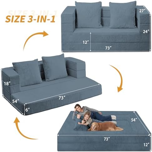 Futon Sofa Bed with Pillow, 3-in-1 Sleeper Sofa Bed with Removable Cover