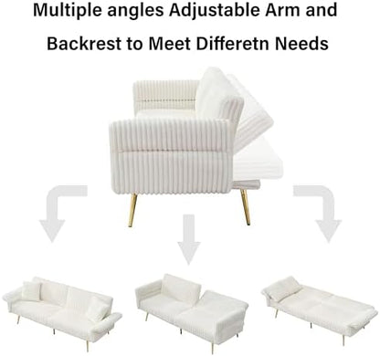 79" Corduroy Convertible Sofa Bed with Folding Armrests, White