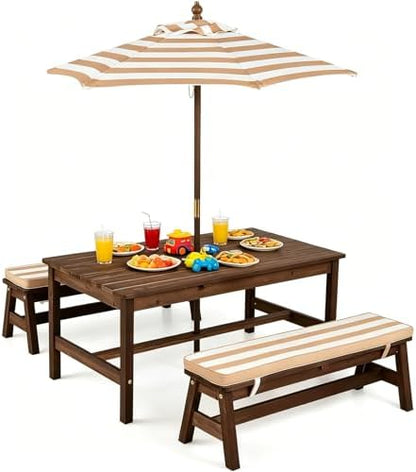 KOTEK Kids Picnic Table with Umbrella, Wooden Toddler Outdoor Table with Benches & Cushions, 42" x 23" Large Tabletop, Kids Backyard Furniture for Patio Garden Lawn (Coffee)