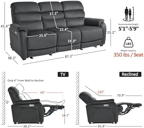 MCombo 87.2'' Wall Hugger Power Recliner Sofa, ST258M3 (Dark Grey)