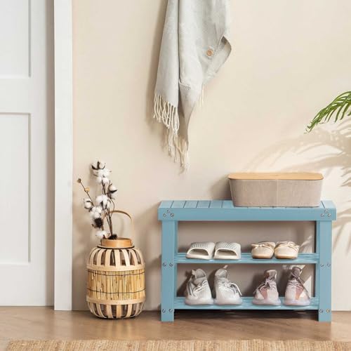 Apicizon Bamboo Shoe Rack Bench, 3-Tier Entryway Organizer, Blue