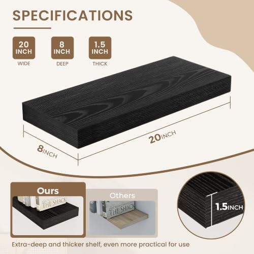 Dreamland 20 Inches Wall Mounted Wood Floating Shelves, Black, 2 Pack