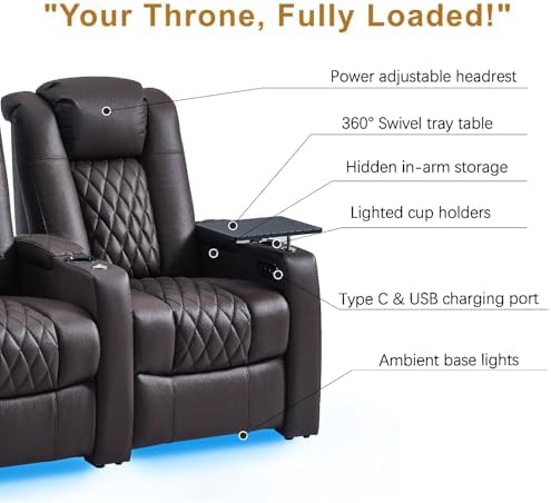comfiroom Top-Grain Leather Home Theater Seating, Dual-Motor Power Recliner