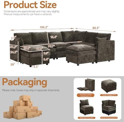 Modular Sectional Storage Sofa, 105" Cloud Deep Seat V-Shaped Couch, Brown
