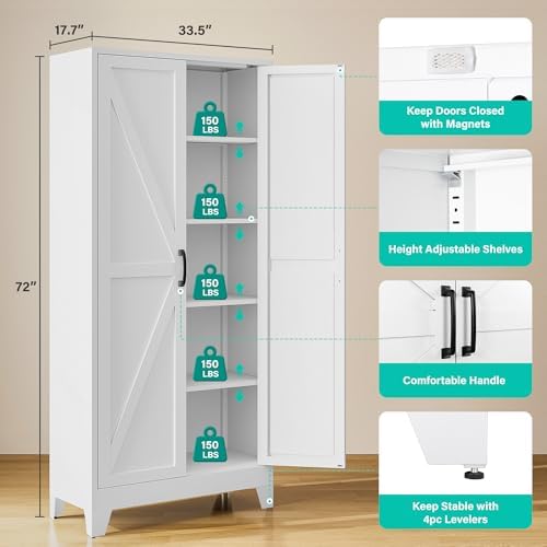SISESOL 72" Tall Pantry Cabinet,Wide & Deep Farmhouse Kitchen Pantry Storage Cabinets with 2 Doors and 5 Shelves,White Metal Storage Cabinet,Large Cupboard for Home,Kitchen,Dining/Living Room
