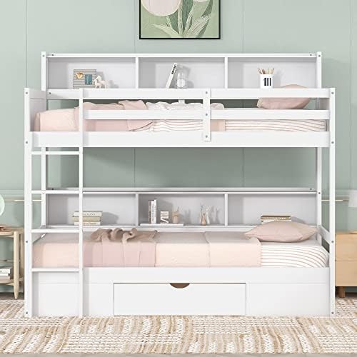 Twin Over Twin Bunk Bed with Built-in Shelves Beside Both Upper and Down Bed and Storage Drawer, Twin Size Wooden Bunk Bed with Guardrails and Ladder