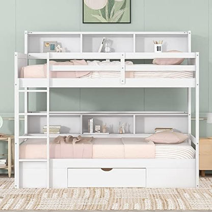 Twin Over Twin Bunk Bed with Built-in Shelves Beside Both Upper and Down Bed and Storage Drawer, Twin Size Wooden Bunk Bed with Guardrails and Ladder