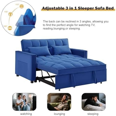 Pull Out Couch, Convertible Sofa Bed With Side Pockets, 3 in 1 Velvet Fabric Loveseat sleeper sofa bed, Love Seat Sleeper Bed with Adjustable Backrest for Living Room, Bedroom, Apartment, Blue