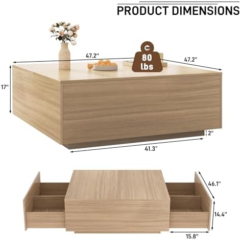 47 Inch Large Square Coffee Table with Storage,Wooden Coffee Table((OAK)