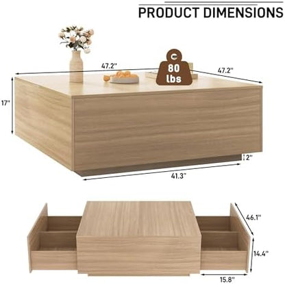 47 Inch Large Square Coffee Table with Storage,Wooden Coffee Table((OAK)