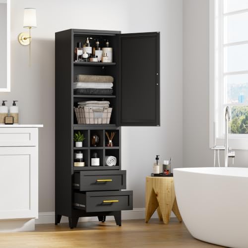 Tall Narrow Storage Cabinet with Door, Drawers & Wine Rack, Freestanding Black Pantry Cupboard with Golden Handles, Modern Display Cabinet for Kitchen Living Room