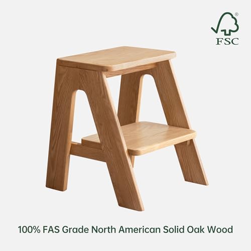 100% Solid Oak Wood 2 Step Stool, Multifunctional 2-Tier End Table Nightstand Plant Stand Dining Makeup Stool for Living Room Bedroom Kitchen