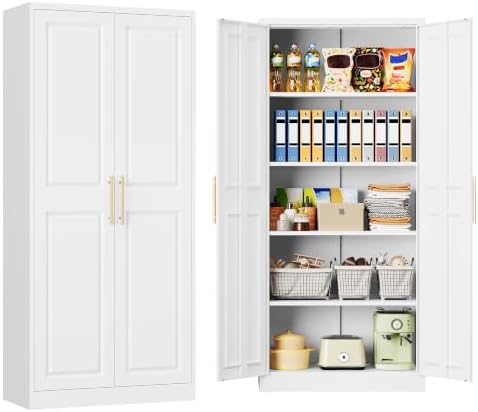 SISESOL 71" Tall Storage Cabinet with 2 Door and 5 Shelves, Wide & Deep Kitchen Pantry Cabinet, White Metal Cabinets,Large Cupboard for Home,Kitchen,Laundry