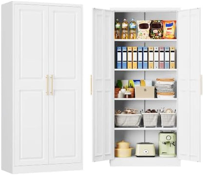 SISESOL 71" Tall Storage Cabinet with 2 Door and 5 Shelves, Wide & Deep Kitchen Pantry Cabinet, White Metal Cabinets,Large Cupboard for Home,Kitchen,Laundry