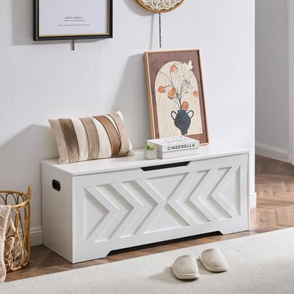 47.2” Storage Bench,Extra Large Wooden Storage Chest with 2 Safety Hinges,entryway Bench,Blanket Storage,Shoe Storage Bench for Entryway,Bedroom,Living Room,Easy Assembly. (White)