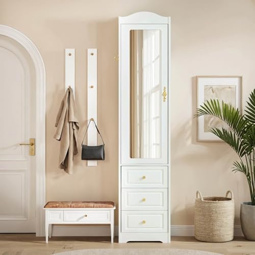 69.5" H Armoire Wardrobe Closet, Wood Bedroom Armoires Cabinet with Mirror Door and 3 Drawers, White Clothing Storage Cabinet with Hanging Rod & Sensor Light for Bedroom(Left)