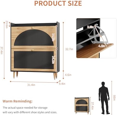 Shoe Storage Cabinet with 2 Flip Drawers (Black and Wood, 2 Flip Drawers)