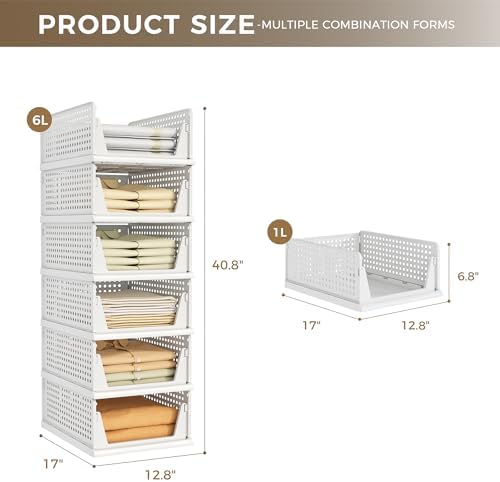 6 Pack Closet Organizer Storage Bins Stackable Plastic Drawer Shelf