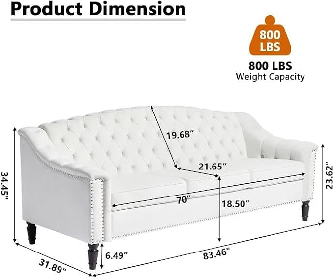 LEVNARY Mid-Century Modern Velvet Sofa, 80" Large Upholstered Sofa with High Back, Chesterfield Couch Sleeper Settee with Solid Wood Legs, Tufted 3 Seater Wide Couches for Living Room Office (White)