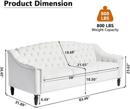 LEVNARY Mid-Century Modern Velvet Sofa, 80" Large Upholstered Sofa with High Back, Chesterfield Couch Sleeper Settee with Solid Wood Legs, Tufted 3 Seater Wide Couches for Living Room Office (White)