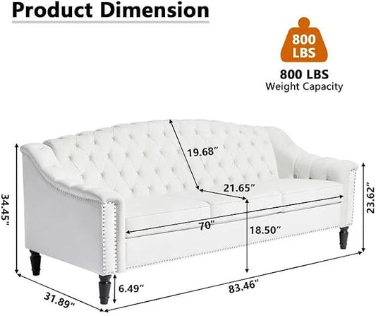 LEVNARY Mid-Century Modern Velvet Sofa, 80" Large Upholstered Sofa with High Back, Chesterfield Couch Sleeper Settee with Solid Wood Legs, Tufted 3 Seater Wide Couches for Living Room Office (White)