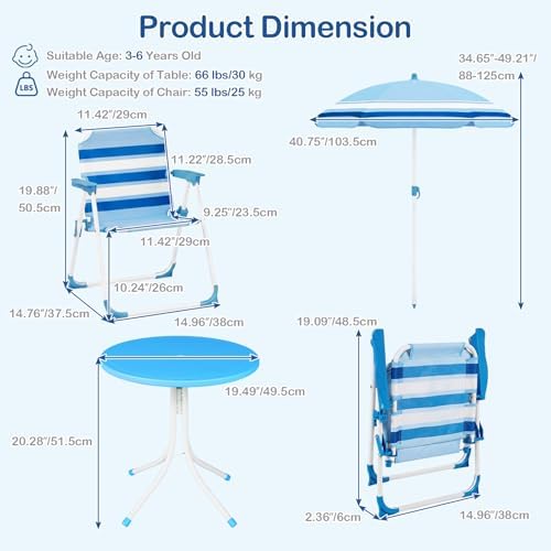 Olakids Kids Picnic Table, Outdoor Toddler Patio Furniture Set with 2 Folding Chairs Adjustable Foldable Umbrella for Garden Backyard Beach (Blue)