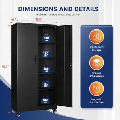 Yizosh Black Wheeled Metal Garage Storage Cabinet,Lockable Storage Cabinet