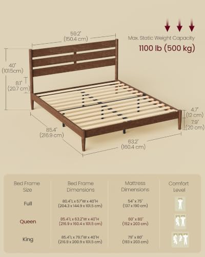 VASAGLE Queen Bed Frame, Wood Platform Bed with Headboard Storage Shelf