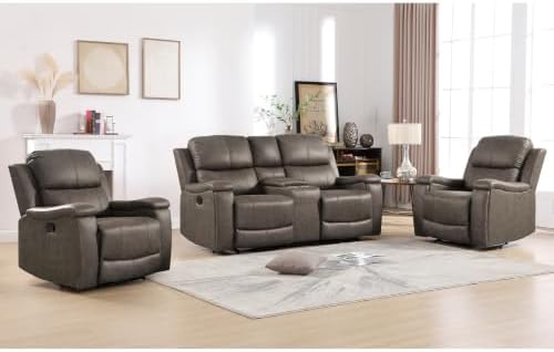 CANMOV Faux Leather Manual Reclining Sofa Set, 2 Manual Single Recliner Chairs and 2 Seat Recliner Loveseat with Center Console, Hidden Storage and Cup Holders for Living Room,Bedroom Furniture,Grey
