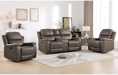 CANMOV Faux Leather Manual Reclining Sofa Set, 2 Manual Single Recliner Chairs and 2 Seat Recliner Loveseat with Center Console, Hidden Storage and Cup Holders for Living Room,Bedroom Furniture,Grey