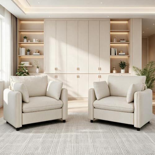 EJUNQ Oversized Accent Chair Set of 2, 42.1" Comfy Reading Chair with Wide Backrest and 2 Pillows, Modern Upholstered Accent Chairs for Living Room, Bedroom, Apartment, White