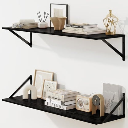 Deep Floating Shelves for Wall, 36W x 8D Wall Mounted Shelves Set of 2, Wide Display Ledge Shelf with Sturdy Metal Brackets for Living Room, Bathroom, Bedroom and Kitchen, Black