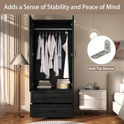 Black Armoire Wardrobe Closet with 2 Drawers, 75" Tall x 31.5" Wide