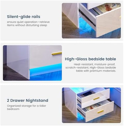 HNEBC LED Nightstand Set of 2 with Charging Station for Bedroom,Black