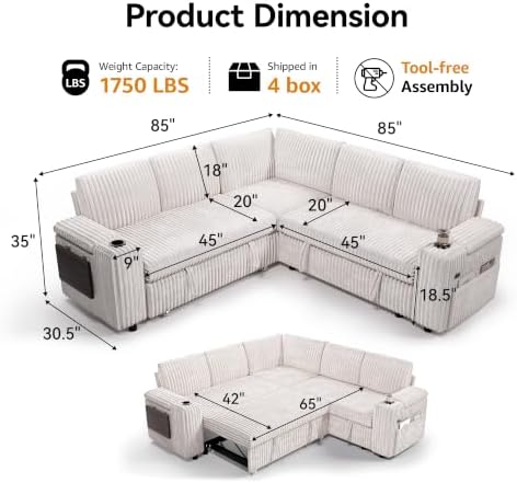 Modular Sectional Sleeper Sofa with Pull Out Bed, 86”L Shaped, Ivory