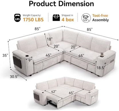 Modular Sectional Sleeper Sofa with Pull Out Bed, 86”L Shaped, Ivory